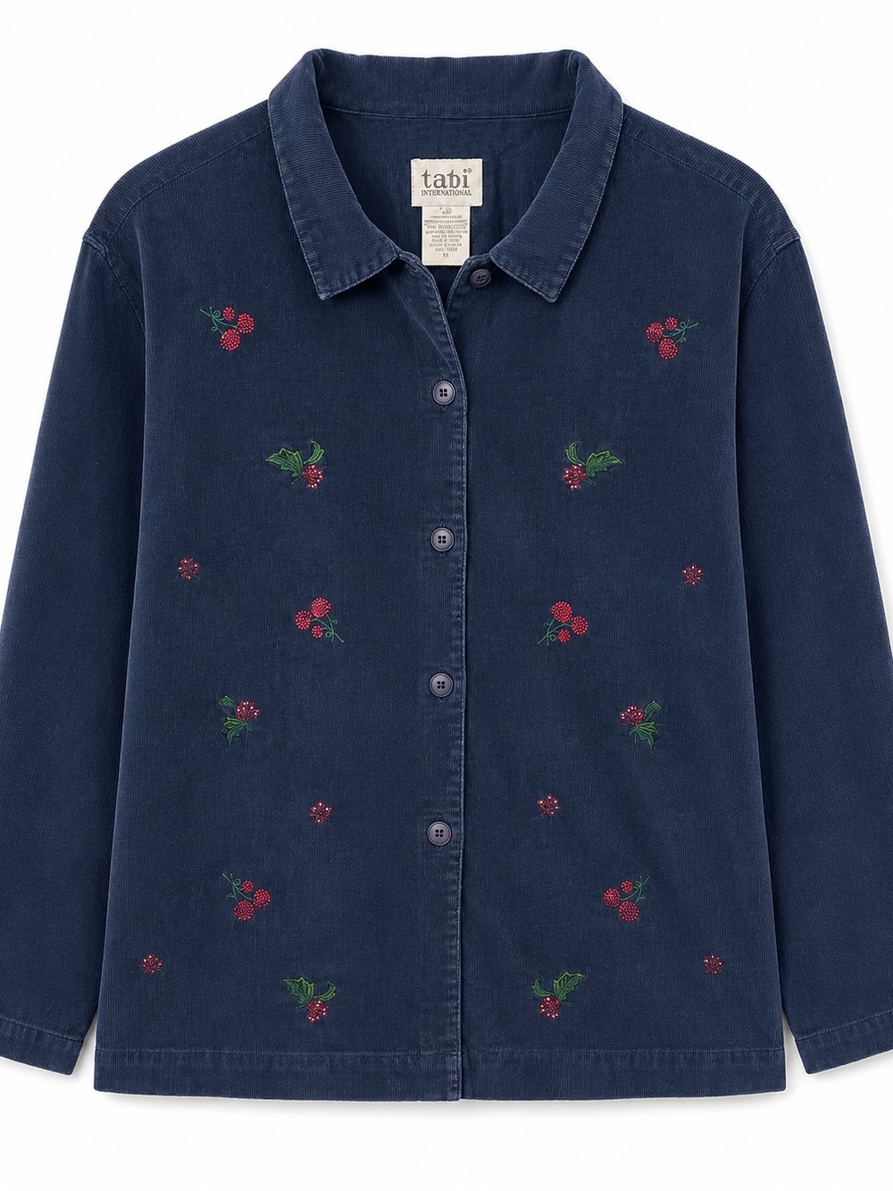 Embroidered Navy Button-Down Corduroy Shirt - Raspberry Detail - Picture 2 of 8